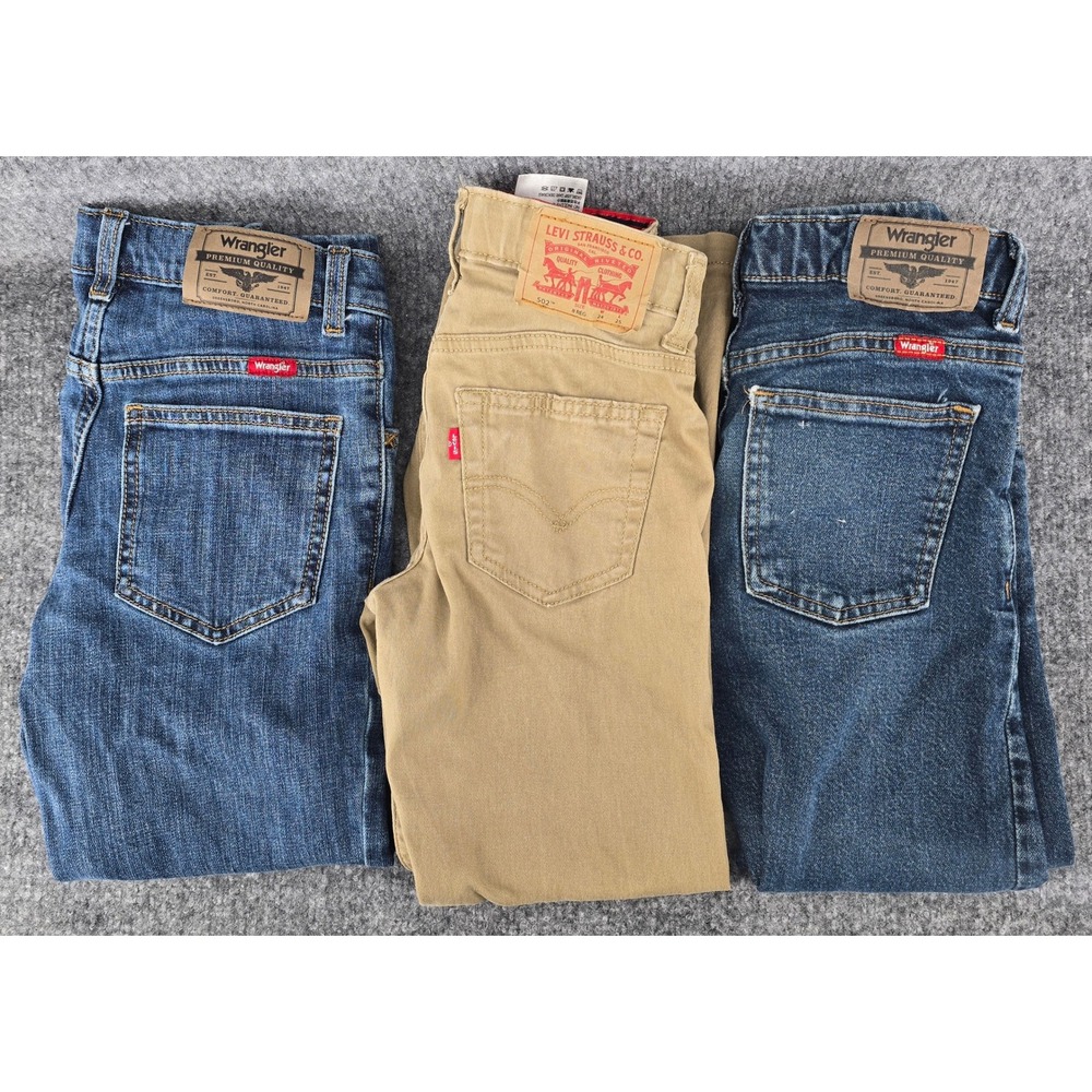 Lot of 3 Pairs Boys Pants Sz 8 Blue Tan Jeans Straight Boot Taper School Casual